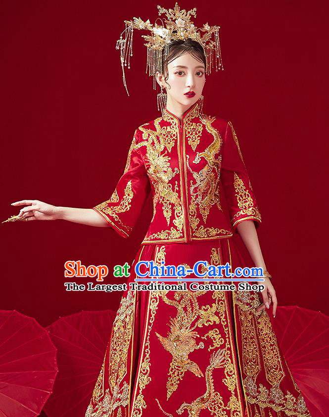 Chinese Traditional Ancient Bride Drilling Embroidered Dragon Costumes Red Xiu He Suit Wedding Blouse and Dress Bottom Drawer for Women