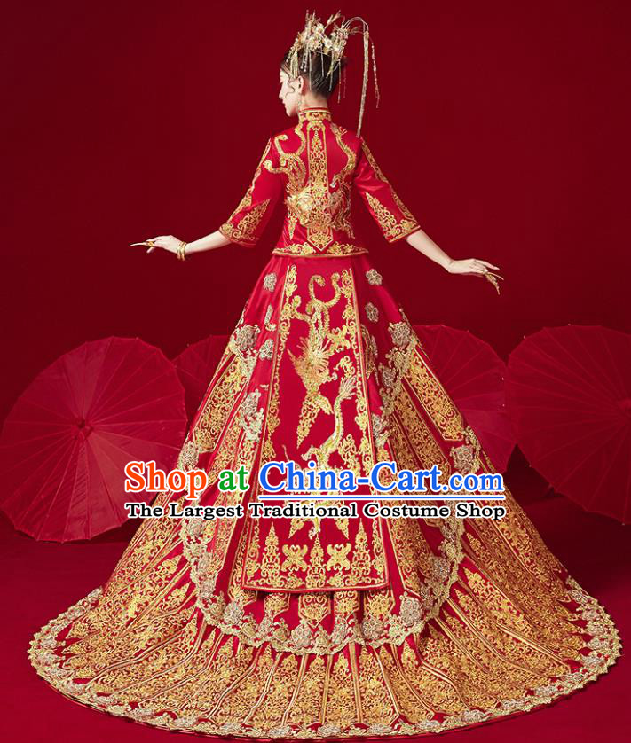 Chinese Traditional Ancient Bride Drilling Embroidered Dragon Costumes Red Xiu He Suit Wedding Blouse and Dress Bottom Drawer for Women