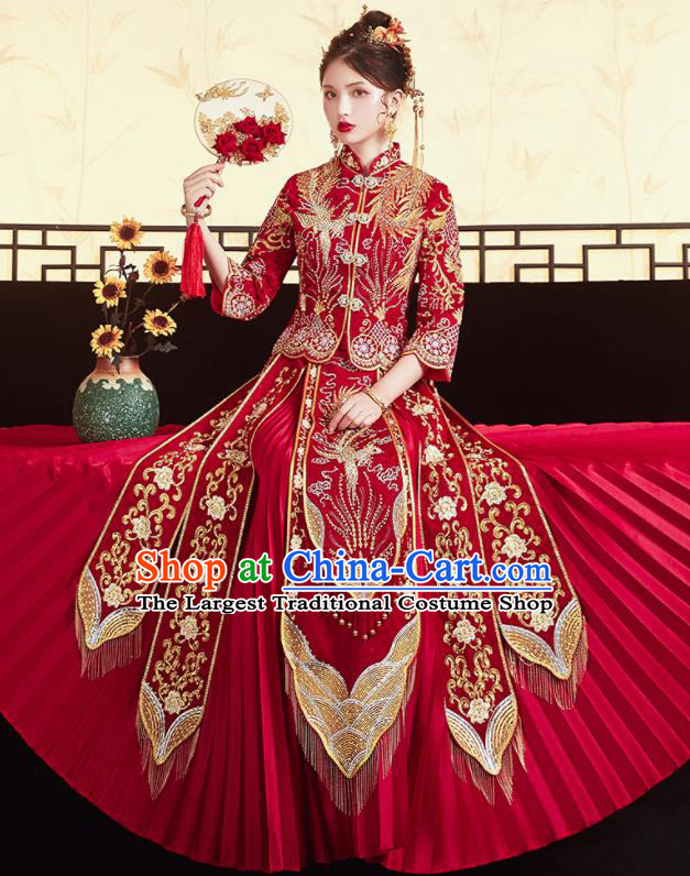 Chinese Traditional Ancient Bride Drilling Embroidered Phoenix Costumes Red Xiu He Suit Wedding Blouse and Dress Bottom Drawer for Women