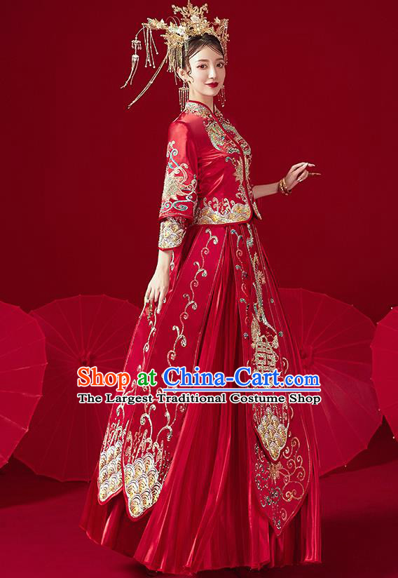 Chinese Traditional Ancient Bride Drilling Phoenix Embroidered Costumes Red Xiu He Suit Wedding Blouse and Dress Bottom Drawer for Women