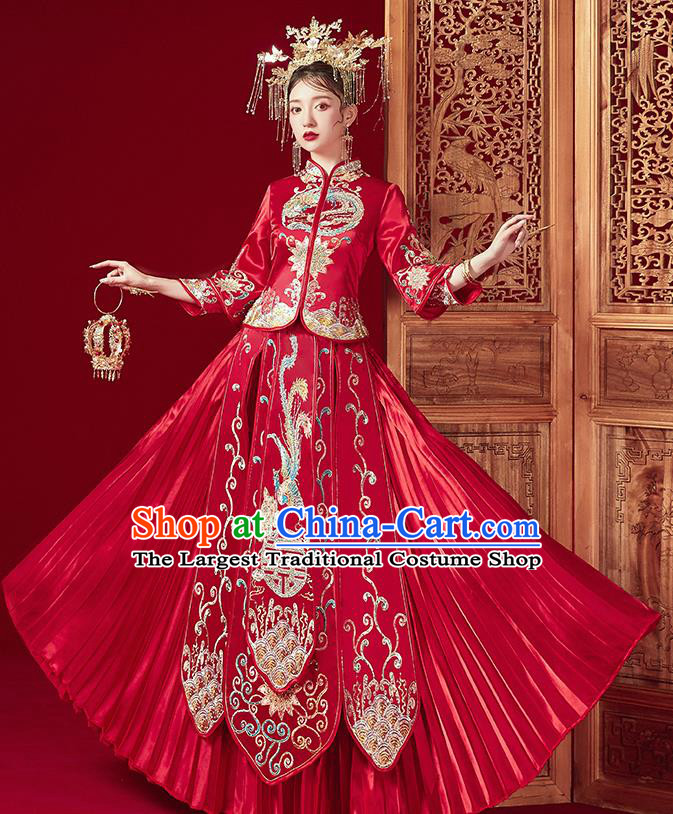 Chinese Traditional Ancient Bride Drilling Phoenix Embroidered Costumes Red Xiu He Suit Wedding Blouse and Dress Bottom Drawer for Women