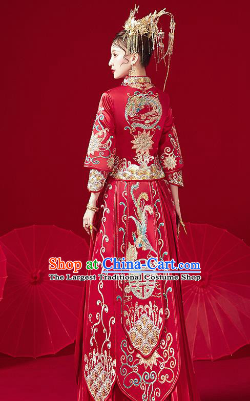 Chinese Traditional Ancient Bride Drilling Phoenix Embroidered Costumes Red Xiu He Suit Wedding Blouse and Dress Bottom Drawer for Women