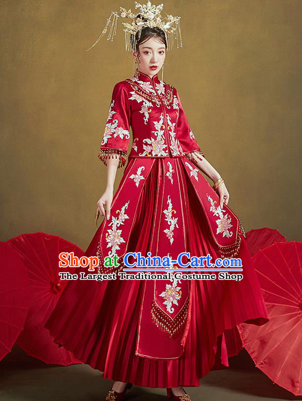 Chinese Ancient Bride Embroidered Drilling Peony Costumes Red Xiu He Suit Wedding Blouse and Dress Traditional Bottom Drawer for Women