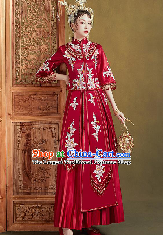 Chinese Ancient Bride Embroidered Drilling Peony Costumes Red Xiu He Suit Wedding Blouse and Dress Traditional Bottom Drawer for Women