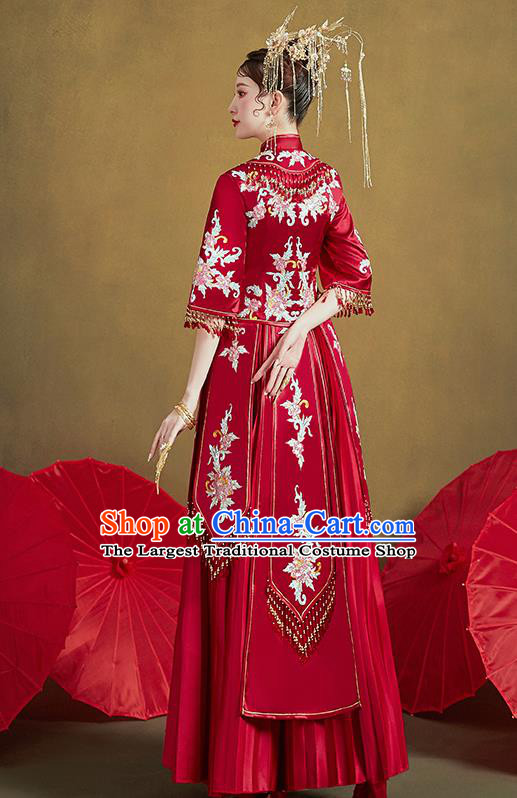 Chinese Ancient Bride Embroidered Drilling Peony Costumes Red Xiu He Suit Wedding Blouse and Dress Traditional Bottom Drawer for Women