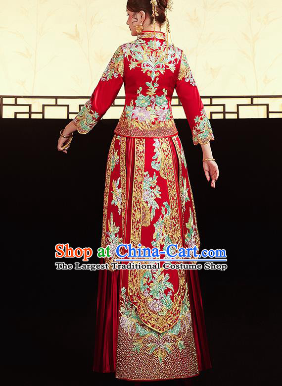 Chinese Ancient Bride Embroidered Drilling Flowers Costumes Red Xiu He Suit Wedding Blouse and Dress Traditional Bottom Drawer for Women