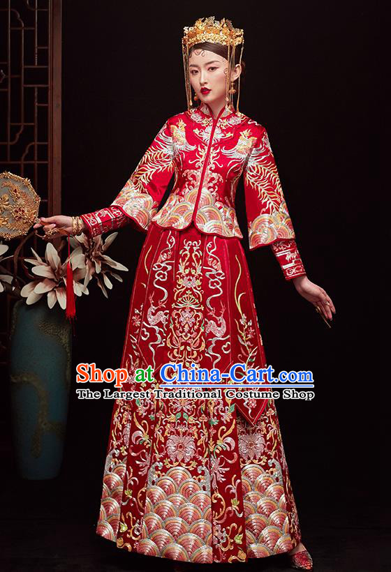 Chinese Ancient Bride Embroidered Costumes Drilling Red Xiu He Suit Wedding Blouse and Dress Traditional Bottom Drawer for Women