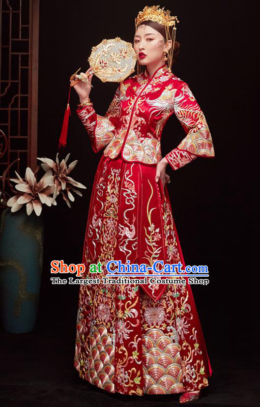 Chinese Ancient Bride Embroidered Costumes Drilling Red Xiu He Suit Wedding Blouse and Dress Traditional Bottom Drawer for Women