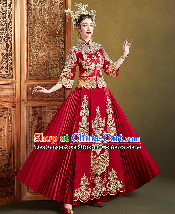 Chinese Ancient Bride Embroidered Costumes Diamante Red Xiu He Suit Wedding Blouse and Dress Traditional Bottom Drawer for Women
