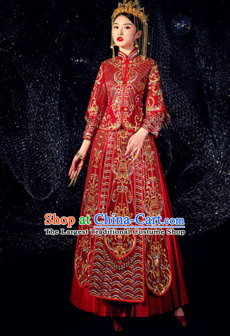 Chinese Ancient Bride Embroidered Beads Costumes Diamante Red Xiu He Suit Wedding Blouse and Dress Traditional Bottom Drawer for Women