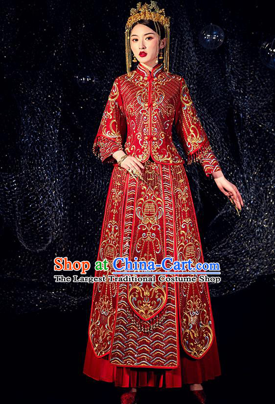 Chinese Ancient Bride Embroidered Beads Costumes Diamante Red Xiu He Suit Wedding Blouse and Dress Traditional Bottom Drawer for Women