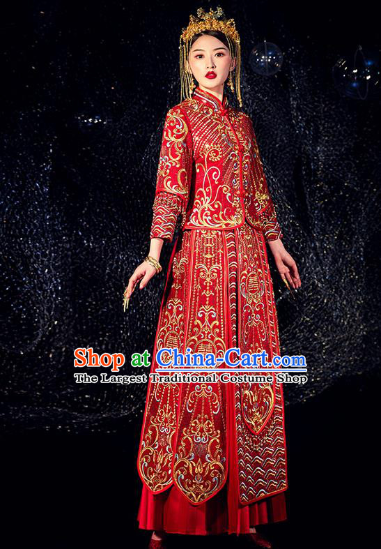 Chinese Ancient Bride Embroidered Beads Costumes Diamante Red Xiu He Suit Wedding Blouse and Dress Traditional Bottom Drawer for Women