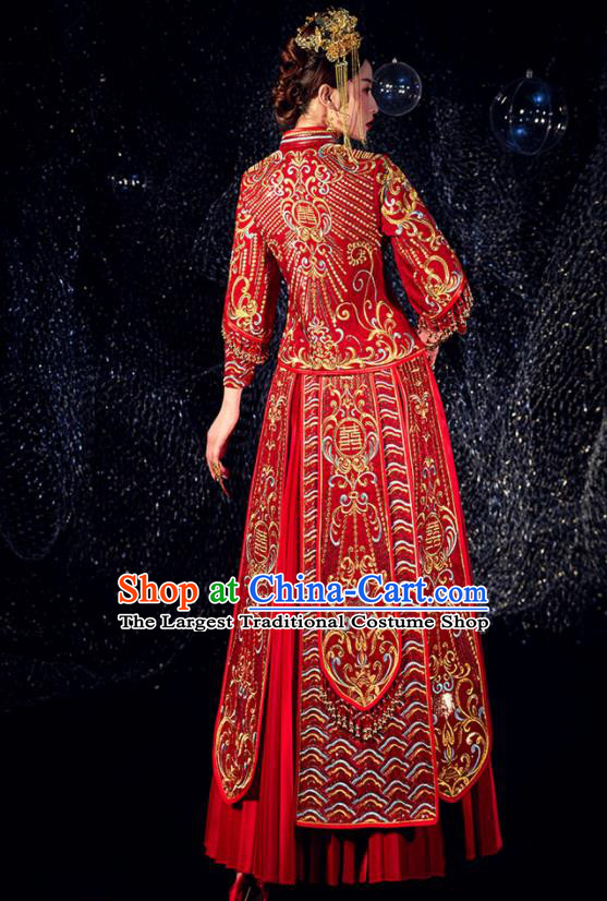 Chinese Ancient Bride Embroidered Beads Costumes Diamante Red Xiu He Suit Wedding Blouse and Dress Traditional Bottom Drawer for Women