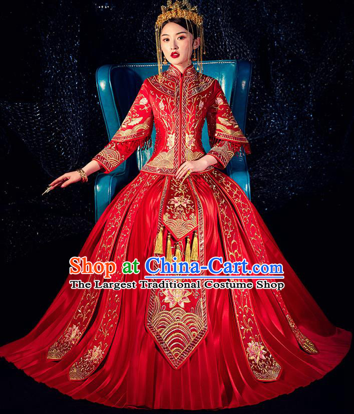 Chinese Ancient Bride Embroidered Lotus Costumes Diamante Red Xiu He Suit Wedding Blouse and Dress Traditional Bottom Drawer for Women