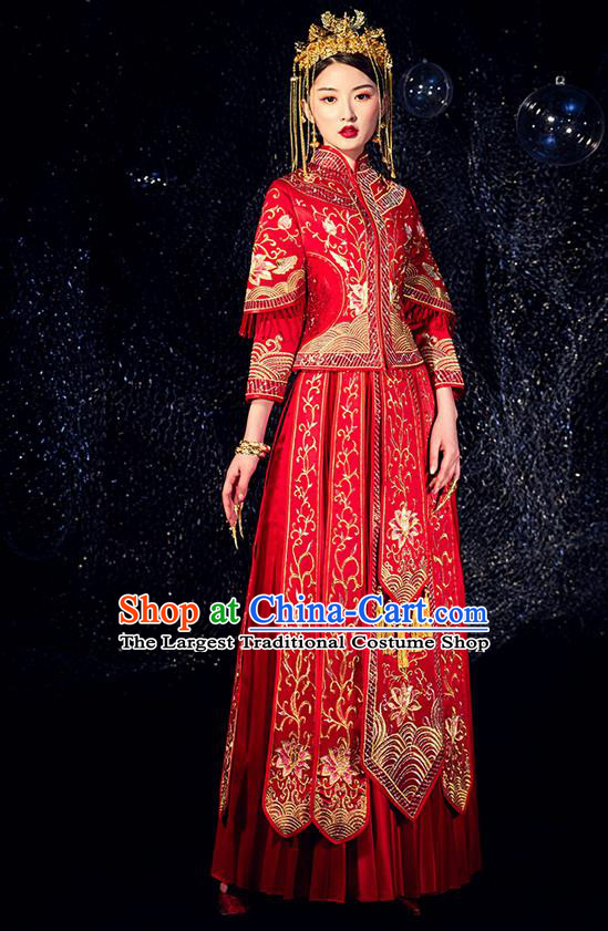 Chinese Ancient Bride Embroidered Lotus Costumes Diamante Red Xiu He Suit Wedding Blouse and Dress Traditional Bottom Drawer for Women