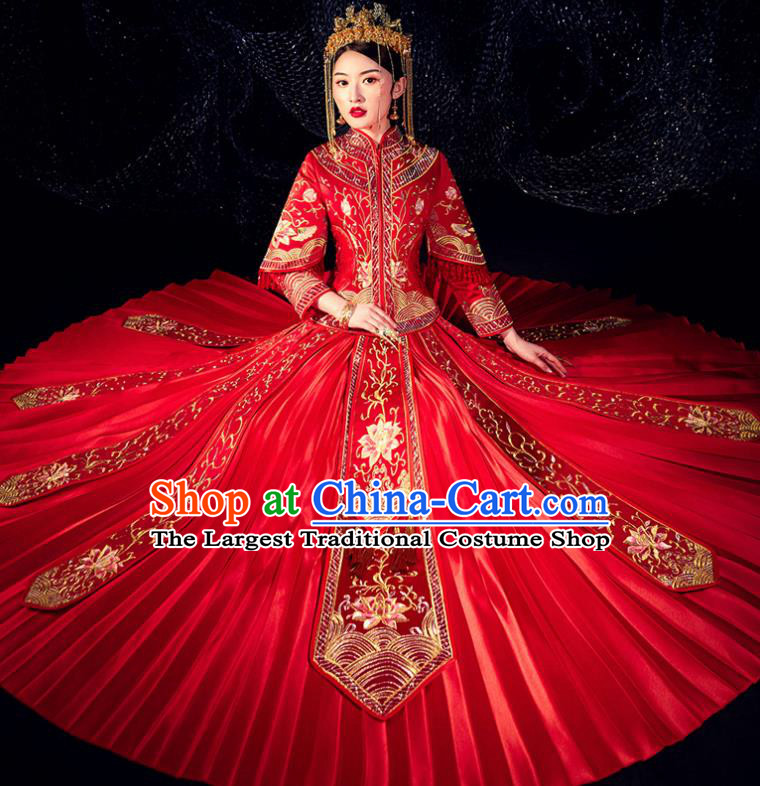 Chinese Ancient Bride Embroidered Lotus Costumes Diamante Red Xiu He Suit Wedding Blouse and Dress Traditional Bottom Drawer for Women