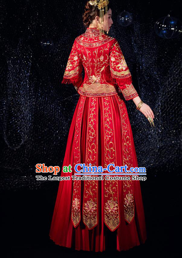 Chinese Ancient Bride Embroidered Lotus Costumes Diamante Red Xiu He Suit Wedding Blouse and Dress Traditional Bottom Drawer for Women