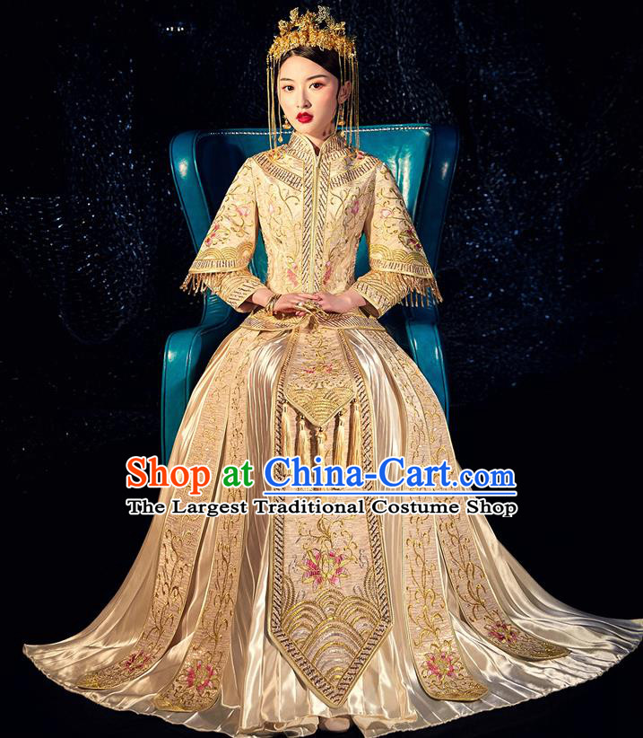 Chinese Ancient Bride Embroidered Lotus Costumes Diamante Golden Xiu He Suit Wedding Blouse and Dress Traditional Bottom Drawer for Women