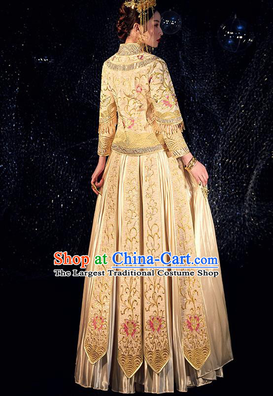 Chinese Ancient Bride Embroidered Lotus Costumes Diamante Golden Xiu He Suit Wedding Blouse and Dress Traditional Bottom Drawer for Women