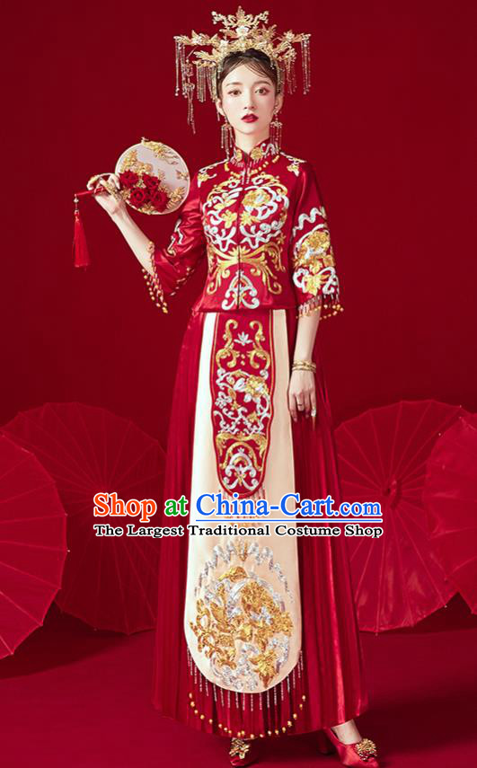 Chinese Traditional Ancient Bride Embroidered Costumes Red Xiu He Suit Wedding Blouse and Dress Bottom Drawer for Women