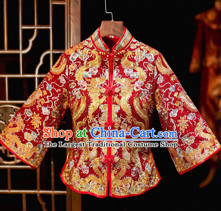 Chinese Ancient Bride Embroidered Phoenix Costumes Diamante Xiu He Suit Wedding Blouse and Dress Traditional Bottom Drawer for Women