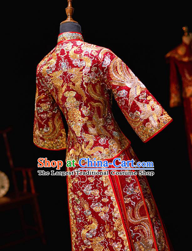 Chinese Ancient Bride Embroidered Phoenix Costumes Diamante Xiu He Suit Wedding Blouse and Dress Traditional Bottom Drawer for Women