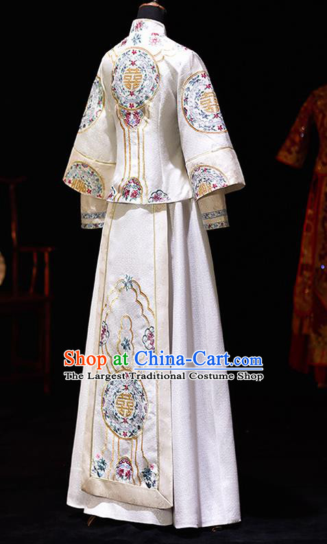 Chinese Ancient Bride Embroidered White Costumes Diamante Xiu He Suit Wedding Blouse and Dress Traditional Bottom Drawer for Women