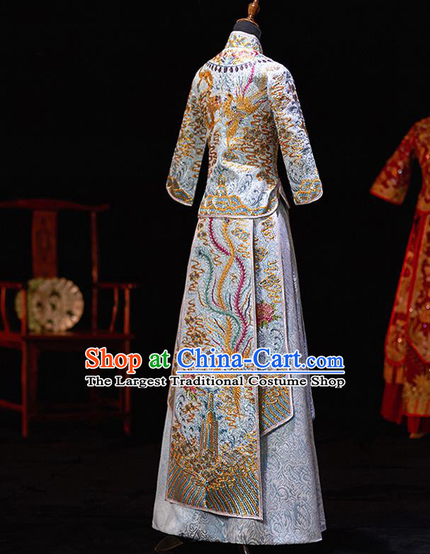 Chinese Ancient Bride Embroidered Blue Costumes Diamante Xiu He Suit Wedding Blouse and Dress Traditional Bottom Drawer for Women