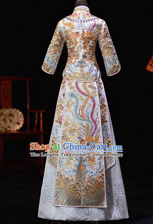 Chinese Ancient Bride Embroidered Blue Costumes Diamante Xiu He Suit Wedding Blouse and Dress Traditional Bottom Drawer for Women