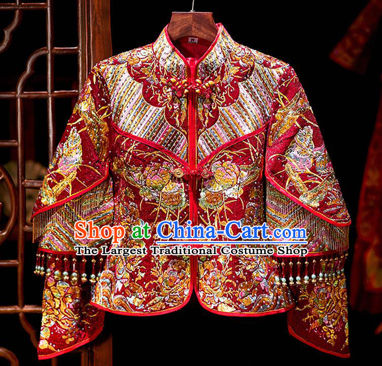 Chinese Ancient Bride Embroidered Costumes Diamante Peony Red Xiu He Suit Wedding Blouse and Dress Traditional Bottom Drawer for Women
