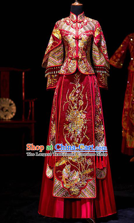 Chinese Ancient Bride Embroidered Costumes Diamante Peony Red Xiu He Suit Wedding Blouse and Dress Traditional Bottom Drawer for Women