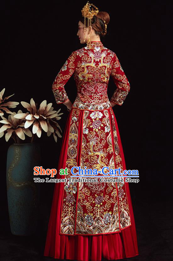 Chinese Ancient Bride Embroidered Costumes Diamante Dragon Red Xiu He Suit Wedding Blouse and Dress Traditional Bottom Drawer for Women