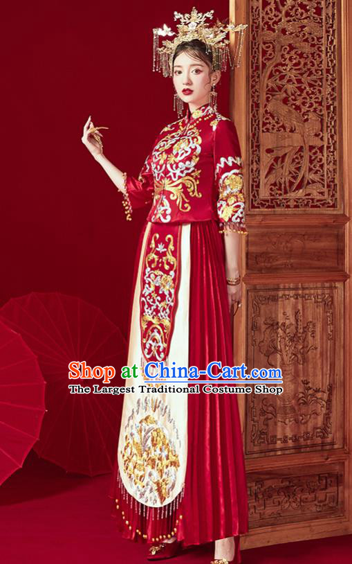 Chinese Traditional Ancient Bride Embroidered Costumes Red Xiu He Suit Wedding Blouse and Dress Bottom Drawer for Women