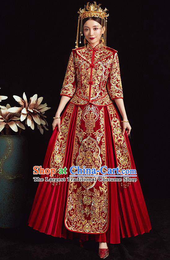 Chinese Ancient Bride Embroidered Peony Red Costumes Diamante Xiu He Suit Wedding Blouse and Dress Traditional Bottom Drawer for Women