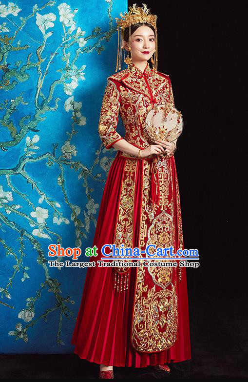 Chinese Ancient Bride Embroidered Peony Red Costumes Diamante Xiu He Suit Wedding Blouse and Dress Traditional Bottom Drawer for Women