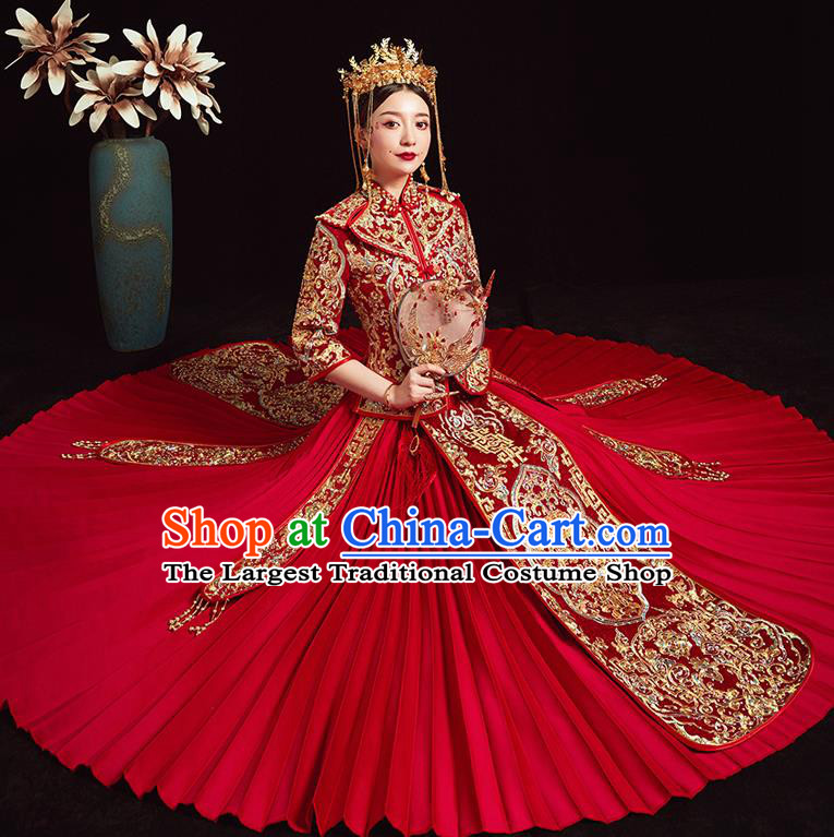 Chinese Ancient Bride Embroidered Peony Red Costumes Diamante Xiu He Suit Wedding Blouse and Dress Traditional Bottom Drawer for Women