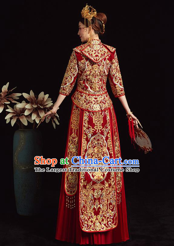 Chinese Ancient Bride Embroidered Peony Red Costumes Diamante Xiu He Suit Wedding Blouse and Dress Traditional Bottom Drawer for Women