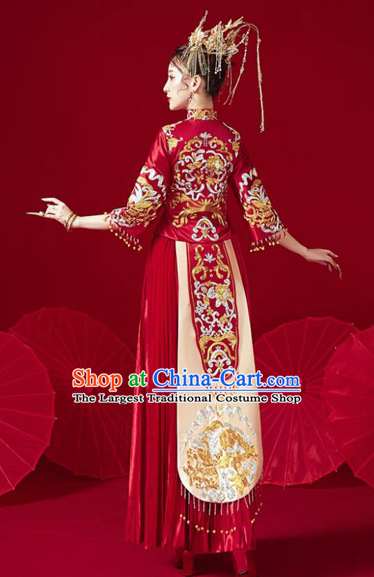 Chinese Traditional Ancient Bride Embroidered Costumes Red Xiu He Suit Wedding Blouse and Dress Bottom Drawer for Women