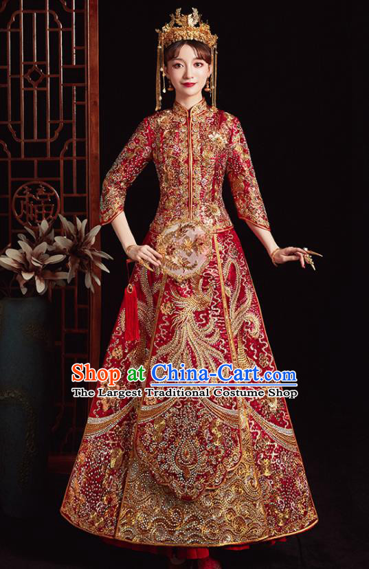 Chinese Ancient Bride Embroidered Phoenix Red Costumes Diamante Xiu He Suit Wedding Blouse and Dress Traditional Bottom Drawer for Women