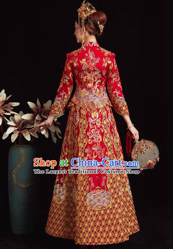 Chinese Ancient Bride Embroidered Phoenix Red Costumes Xiu He Suit Wedding Blouse and Dress Traditional Bottom Drawer for Women