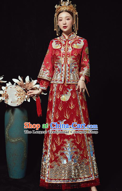Chinese Ancient Bride Embroidered Carps Red Costumes Xiu He Suit Wedding Blouse and Dress Traditional Bottom Drawer for Women