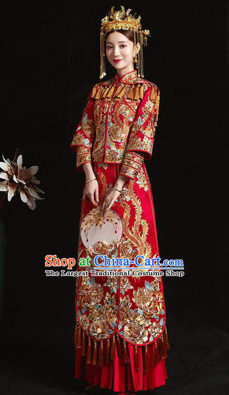 Chinese Ancient Bride Embroidered Phoenix Peony Red Costumes Xiu He Suit Wedding Blouse and Dress Traditional Bottom Drawer for Women