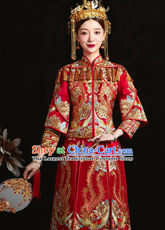 Chinese Ancient Bride Embroidered Phoenix Peony Red Costumes Xiu He Suit Wedding Blouse and Dress Traditional Bottom Drawer for Women