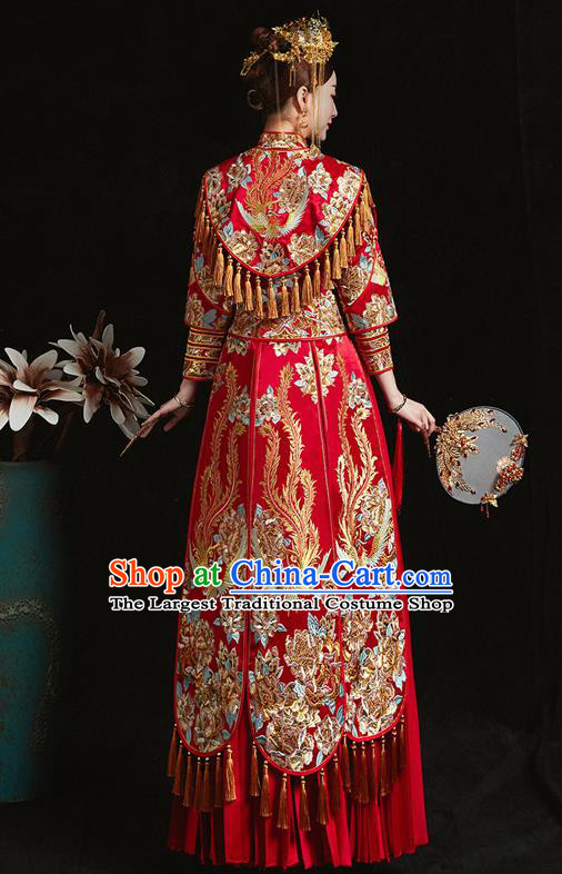 Chinese Ancient Bride Embroidered Phoenix Peony Red Costumes Xiu He Suit Wedding Blouse and Dress Traditional Bottom Drawer for Women