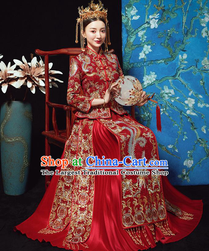 Chinese Ancient Bride Embroidered Diamante Phoenix Red Costumes Xiu He Suit Wedding Blouse and Dress Traditional Bottom Drawer for Women