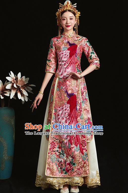 Chinese Ancient Bride Embroidered Peacock Pink Costumes Xiu He Suit Wedding Blouse and Dress Traditional Bottom Drawer for Women