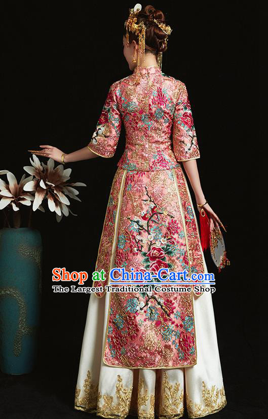 Chinese Ancient Bride Embroidered Peacock Pink Costumes Xiu He Suit Wedding Blouse and Dress Traditional Bottom Drawer for Women