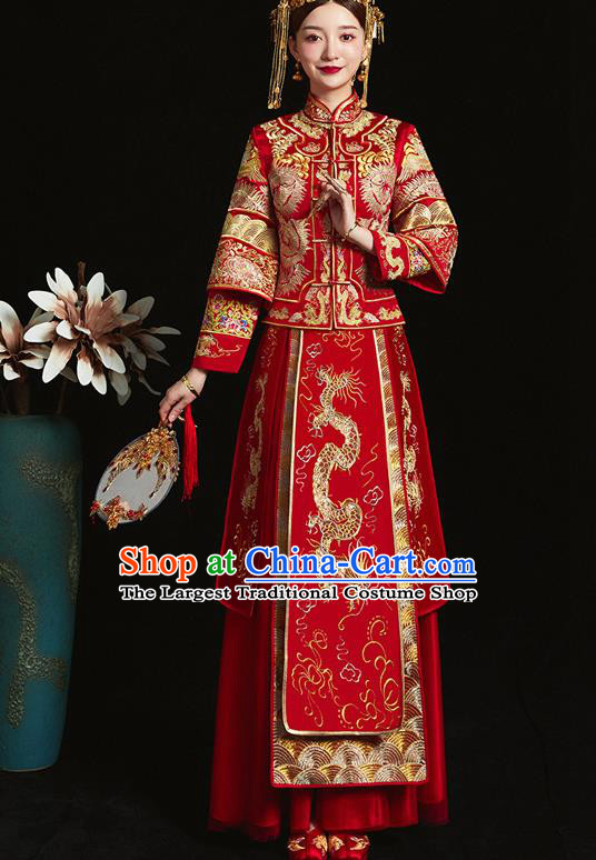 Chinese Ancient Bride Embroidered Dragon Red Xiu He Suit Wedding Costumes Blouse and Dress Traditional Bottom Drawer for Women