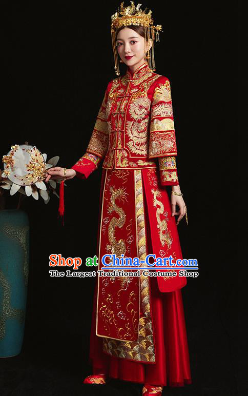Chinese Ancient Bride Embroidered Dragon Red Xiu He Suit Wedding Costumes Blouse and Dress Traditional Bottom Drawer for Women