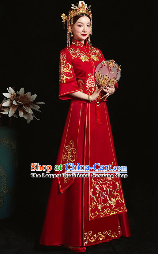 Chinese Ancient Bride Embroidered Peony Red Xiu He Suit Wedding Costumes Blouse and Dress Traditional Bottom Drawer for Women